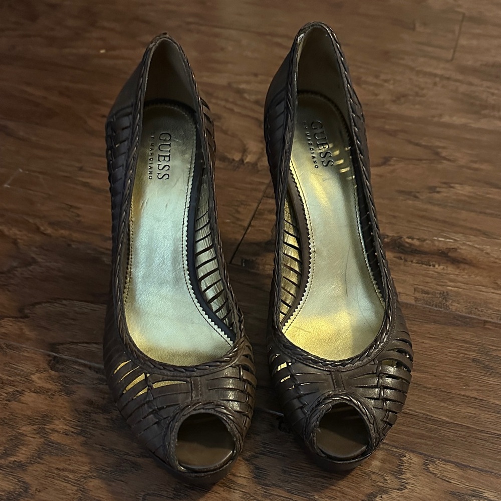Guess Women's Dark Brown Peep Toe Heels